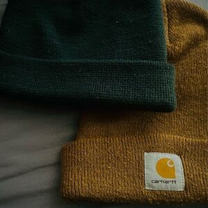 Light Tanish/Brown Carhartt Beanie & Dark Green Beanie duo